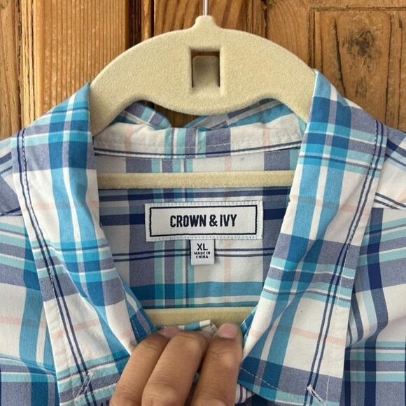 Men's Crown & Ivy XL Blue White Long Sleeve Button Front Shirt - Picture 3 of 7